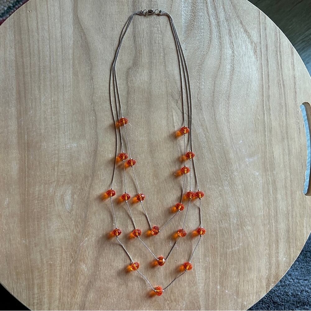 Three-Layer Strand Orange Beads Silver Chain Lobster Claw Clasp Necklace 16”